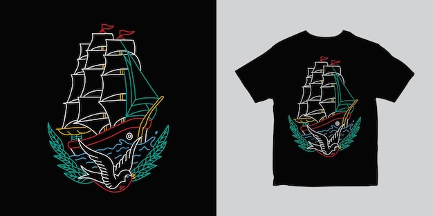 Design de camiseta de ilustração de contorno vintage de navio