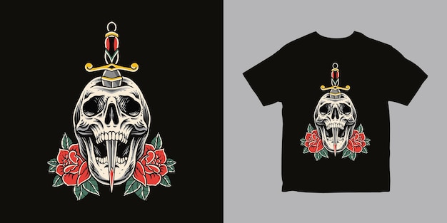 Design de camiseta de ilustração de flor de espada de caveira