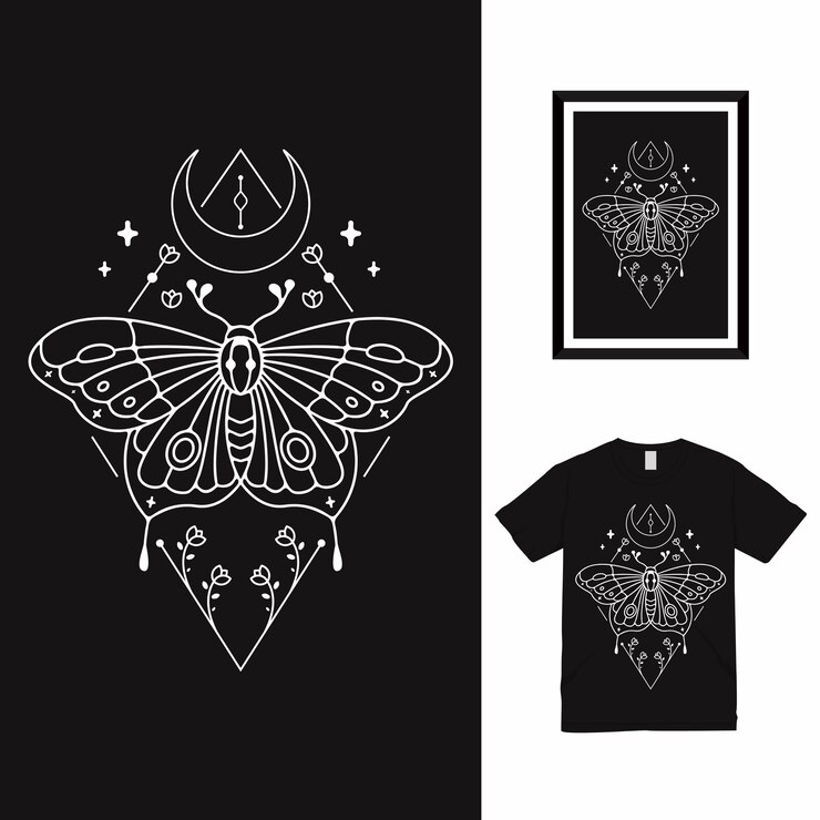 Vetor design de camiseta de linha arte t da borboleta escura