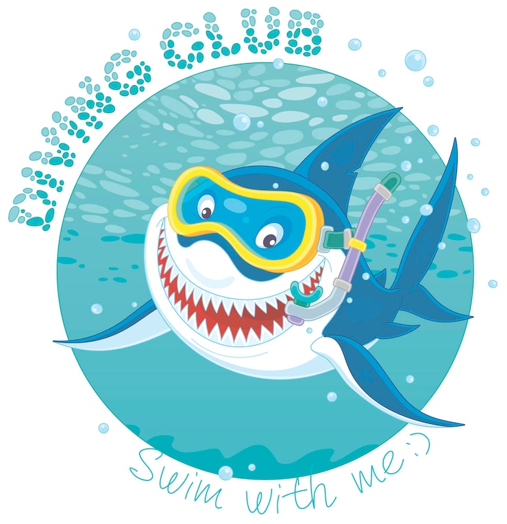 Vetor design de camiseta de um clube de mergulho com um grande tubarão branco engraçado nadando com uma máscara e um snorkel
