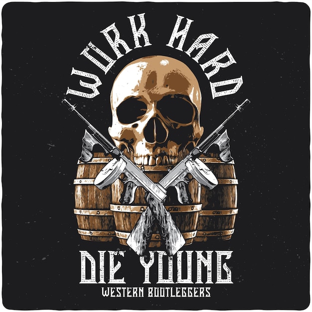 Vetor design de camiseta ou pôster com ilustração de caveira, canos e armas
