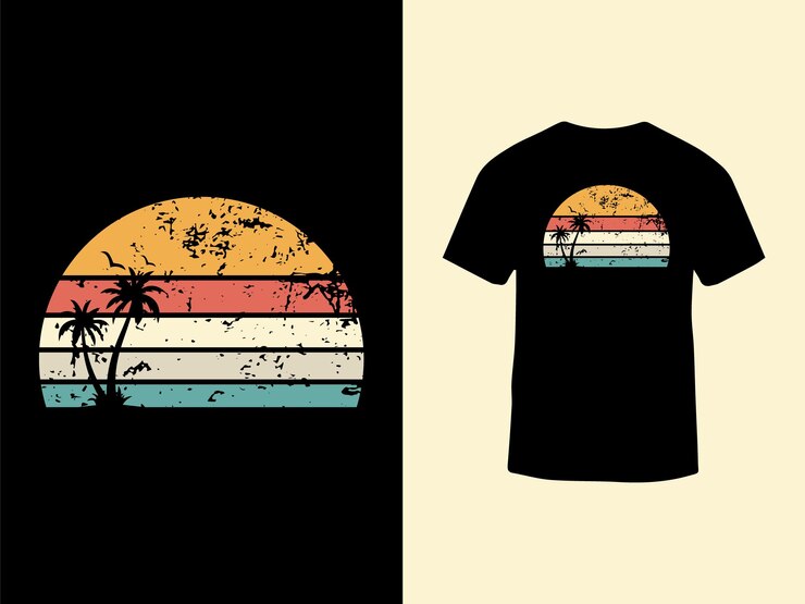 Design de camiseta vintage com coqueiro e vista para a praia