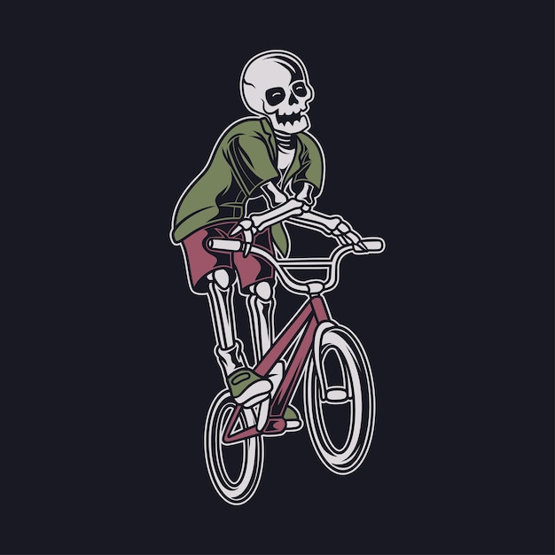 Design de camiseta vintage o crânio está jogando em uma posição de vôo e gira o guiador ilustração da bicicleta