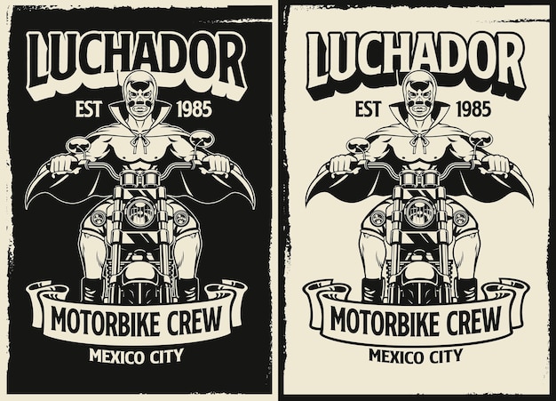 Design de camiseta vintage preto e branco de pilotos de motocicleta luchador