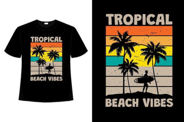 Design de camisetas com clima de praia tropical e surf ao pôr do sol em estilo retro