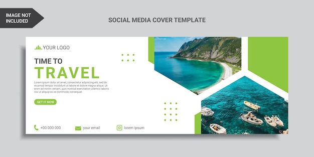 Design de capa de mídia social de viagem ou banner da web com formas hexagonais de cor verde