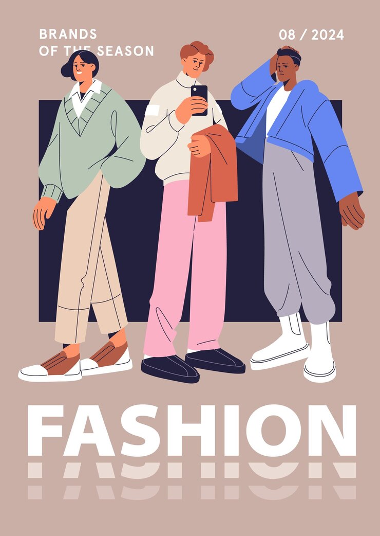 Vetor design de capa de vogue modelo de revista de moda com modelos posando em marcas de moda meninos vestindo roupas masculinas elegantes em cartaz layout de página de estilo com manchetes ilustração vetorial plana