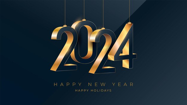 Design de cartão comemorativo de tipografia com número dourado de Ano Novo 2024 em um fundo escuro