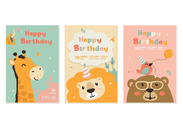 design de cartão de aniversário com animais fofos