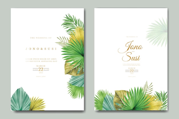 Design de cartão de casamento de verão com enfeite de folha tropical