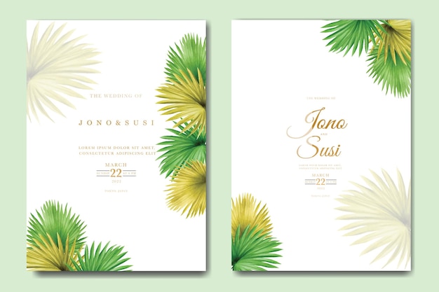 Design de cartão de casamento de verão com enfeite de folha tropical