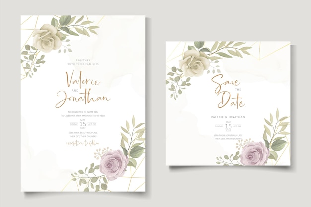 Design de cartão de convite de casamento floral suave e folhas