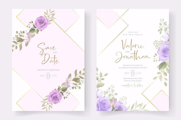 Design de cartão de convite de casamento floral suave e folhas