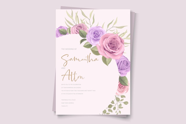 Design de cartão de convite de casamento floral suave e folhas