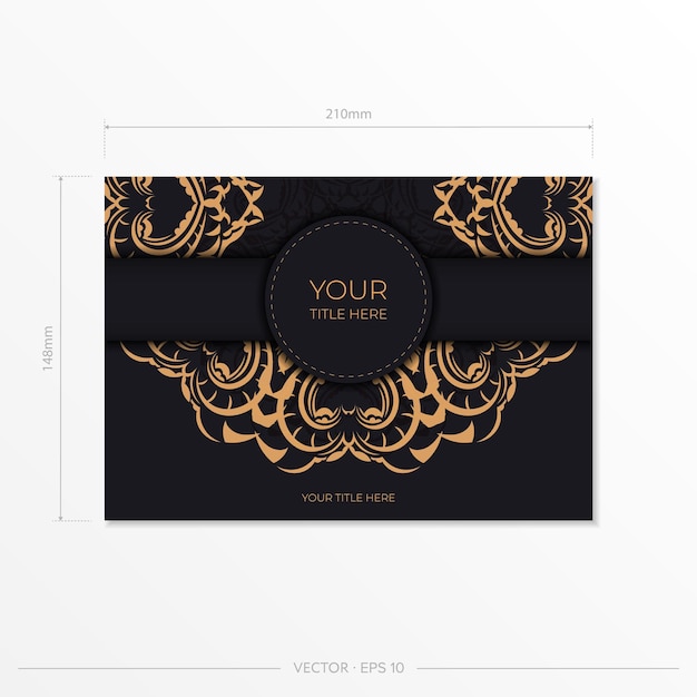 Design de cartão de convite de luxo preto com ornamentos vintage de ouro.