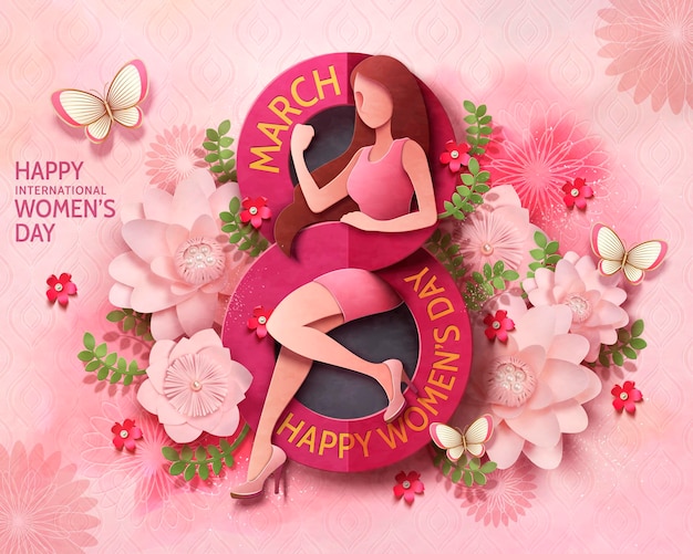 Design de cartão de dia da mulher, 8 de março, com mulher sexy e forte e flores cor de rosa em papel artesanal