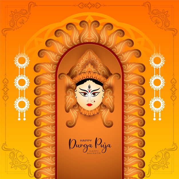 Design de cartão de felicitações de celebração do festival cultural durga puja e happy navratri