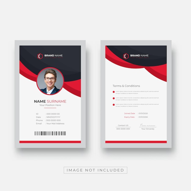 Design de cartão de identificação de funcionário corporativo limpo e simples com cor vermelha e preta