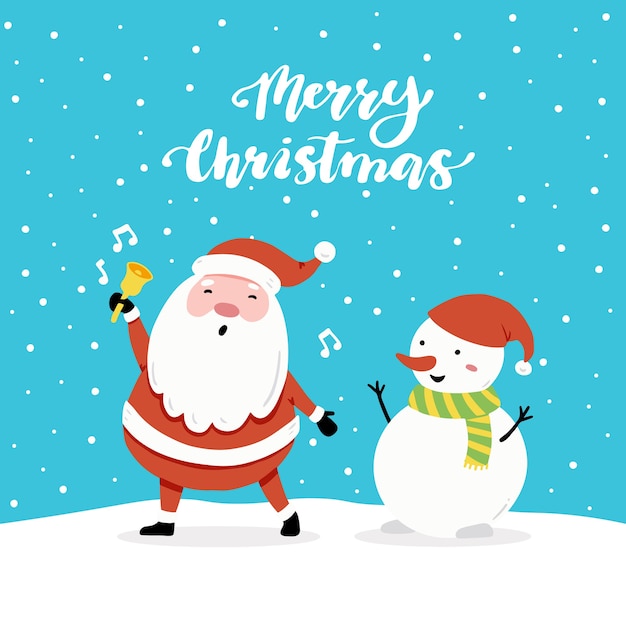 Design de cartão de Natal com desenhos animados de Papai Noel e personagem de boneco de neve, elementos de design de mão desenhada, letras qoute Feliz Natal.
