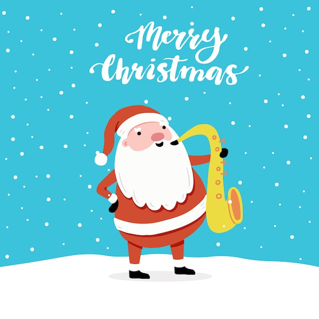 Design de cartão de Natal com desenhos animados do personagem de Papai Noel, elementos de design de mão desenhada, letras qoute Feliz Natal.