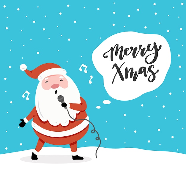 Design de cartão de Natal com desenhos animados do personagem de Papai Noel, elementos de design de mão desenhada, lettering qoute Merry Xmas.