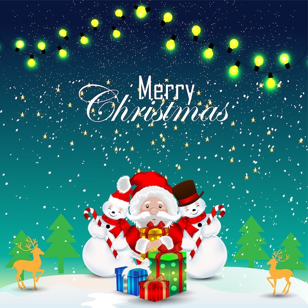 Design de cartão de Natal com Papai Noel criativo e decorações com presente