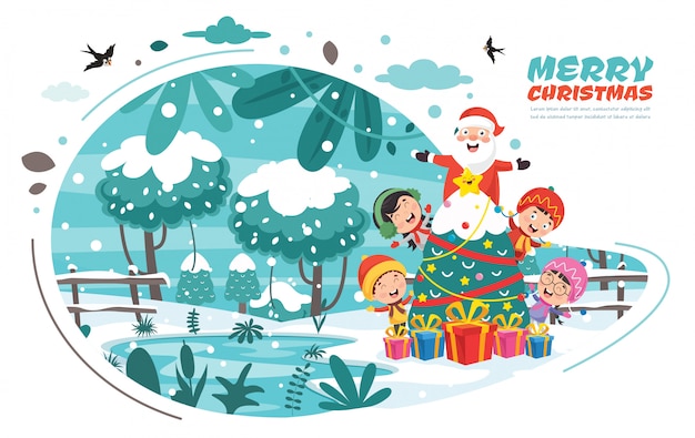Design de cartão de Natal com personagens de desenhos animados
