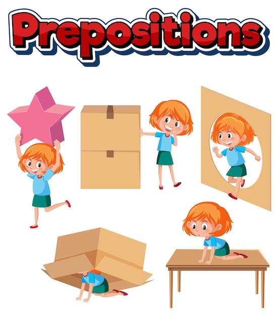 Design de cartão de palavras de preposição com garota e caixas