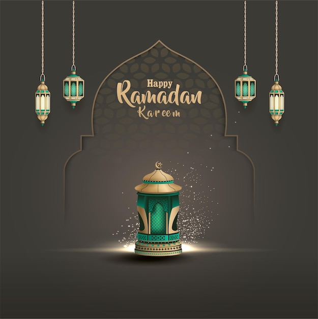 Design de cartão de saudação islâmico ramadan kareem com lindas lanternas