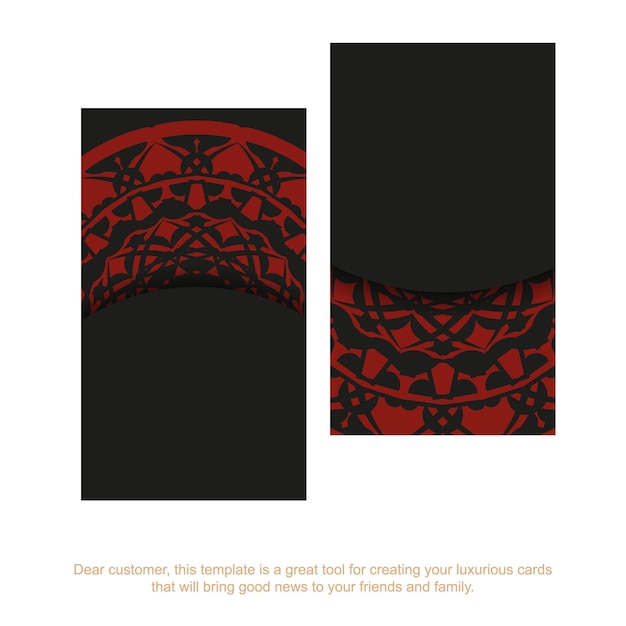 Design de cartão de visita pronto para impressão com espaço para seu texto e padrões vintage. design de cartão de visita preto com ornamento mandala vermelho.