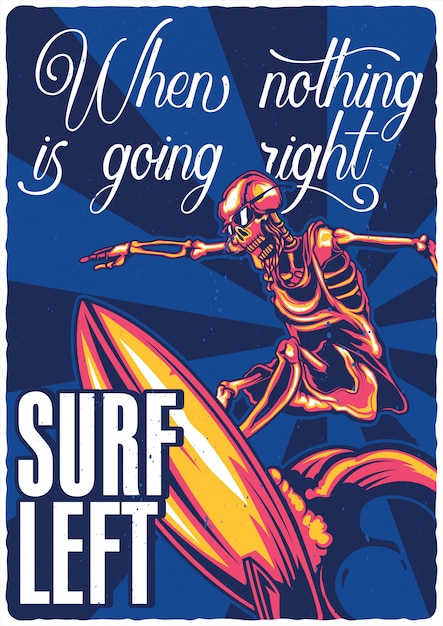 Design de cartaz com ilustração de esqueleto de surfista