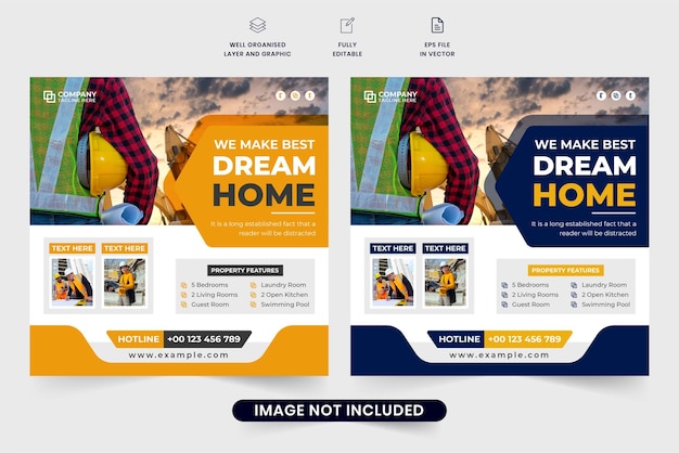 Design de cartaz de anúncio de negócios de criação de casa moderna com espaços reservados para fotos banner promocional da web de serviço de construção de casa vetor modelo de postagem de mídia social imobiliária de construção de casa