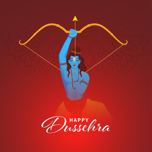 Design de cartaz de celebração de Dussehra feliz com mitologia hindu, senhor Rama, mirando contra fundo vermelho