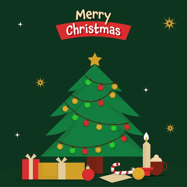 Design de cartaz de feliz Natal com árvore de Natal decorativa, caixas de presente, bastão de doces, envelope e vela acesa sobre fundo verde.