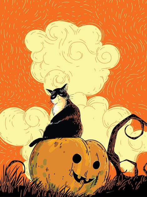 Design de cartaz de fundo de halloween com ilustração vetorial de gato preto de abóboras