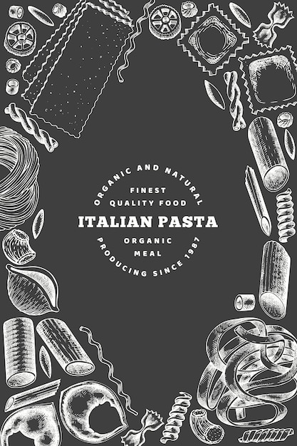 Design de cartaz de massas italianas. mão-extraídas ilustração em vetor comida no quadro de giz. estilo gravado