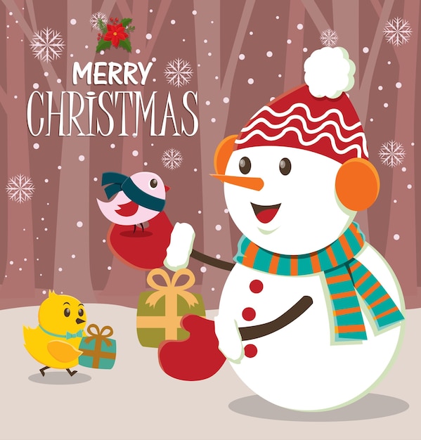 Design de cartaz de natal vintage com boneco de neve, pássaro, garota
