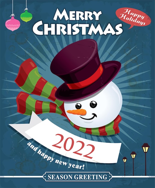 Design de cartaz de natal vintage com boneco de neve