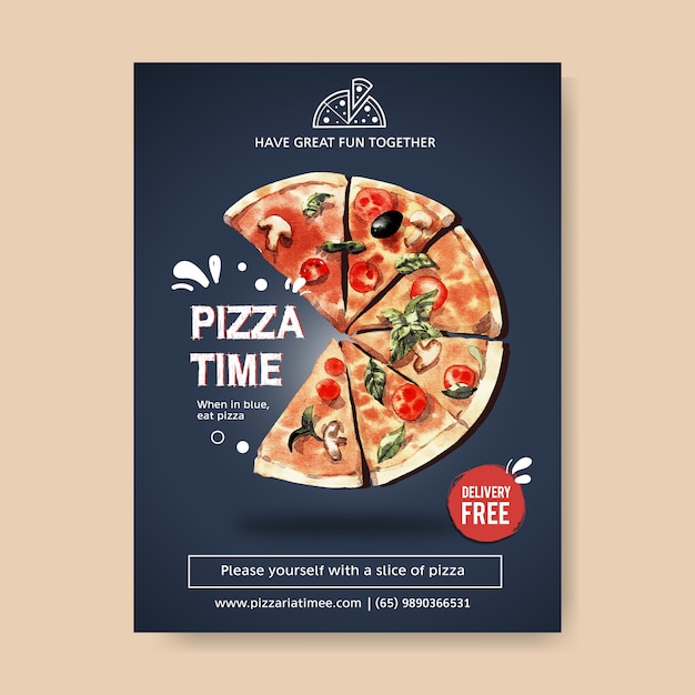 Design de cartaz de pizza com ilustração em aquarela de pizza.