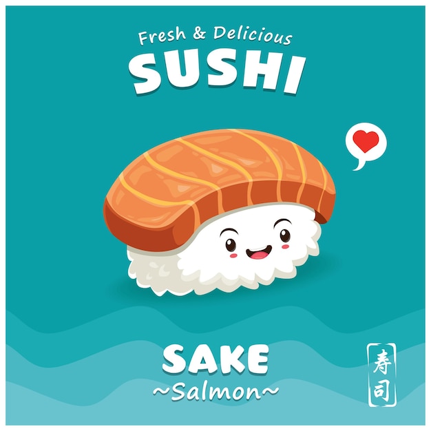 Design de cartaz de sushi vintage com caractere de sushi vetorial sake significa preenchido com palavra chinesa de salmão