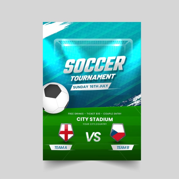 Design de cartaz de torneio de futebol com os países participantes da inglaterra x república tcheca.