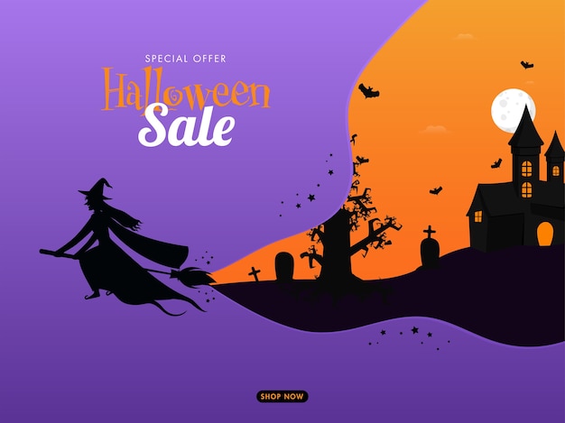 Design de cartaz de venda de halloween com a silhueta da bruxa voando na vassoura