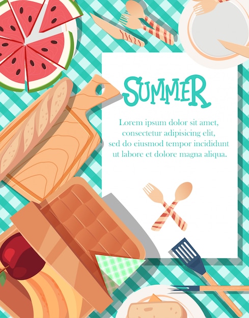 Vetor design de cartaz de verão com fundo de toalha de mesa