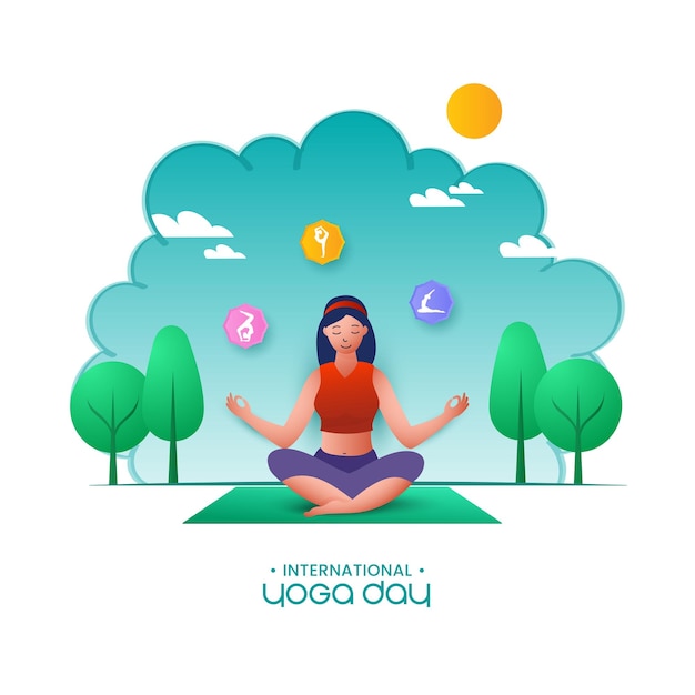 Design de cartaz do dia internacional da ioga com jovem meditando em pose de lótus em fundo turquesa e branco