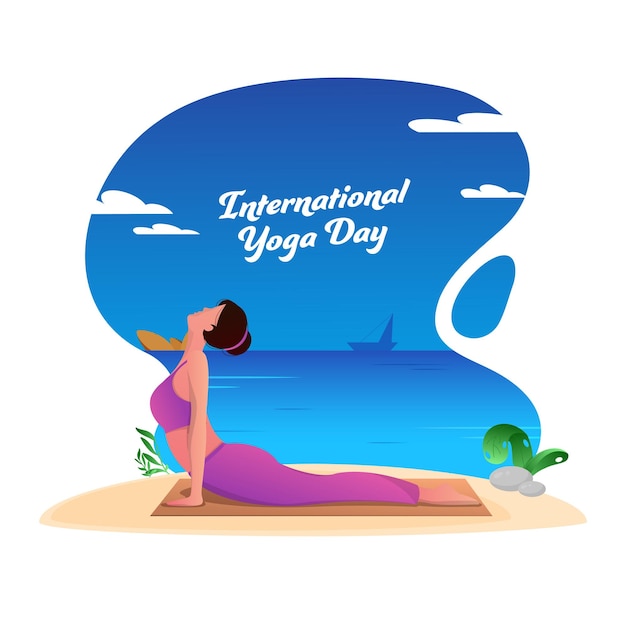 Design de cartaz do dia internacional da ioga com jovem praticando pose de bhujangasana em fundo branco e azul à beira-mar