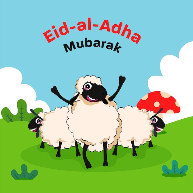 Design de cartaz Eid Al Adha Mubarak com cogumelo engraçado de três ovelhas em fundo verde e azul