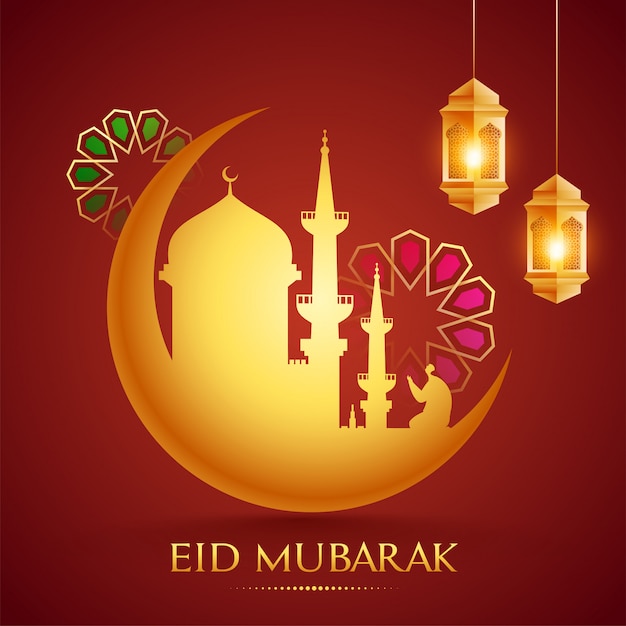 Design de cartaz eid mubarak com lua crescente