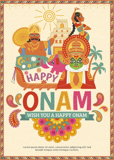 Design de cartaz feliz de onam com o rei mahabali e a dançarina kathakali