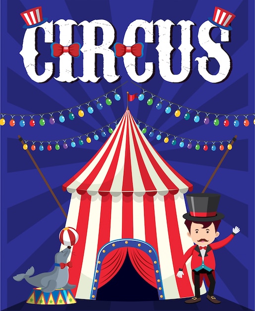 Design de cartaz para circo com treinador e selo