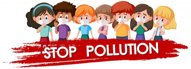 Design de cartaz para parar a poluição com crianças vestindo máscara